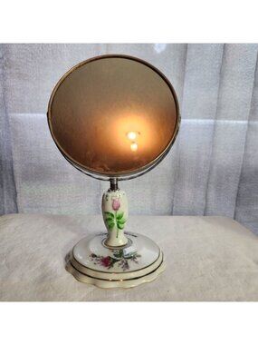 Vintage Moss Rose Porcelain Swivel Vanity Mirror With Hand-Painted and transfers